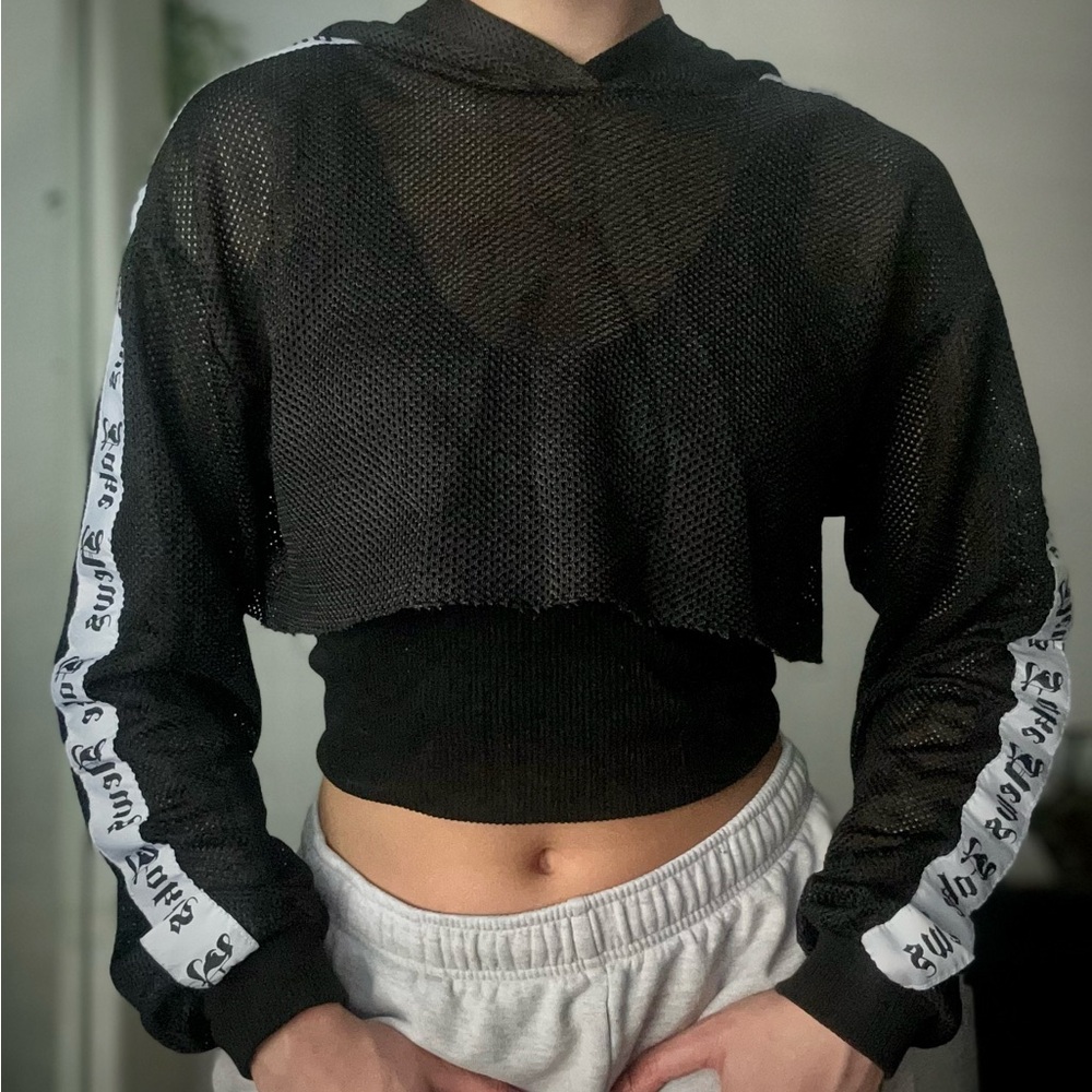 Black Mesh Cropped Hoodie